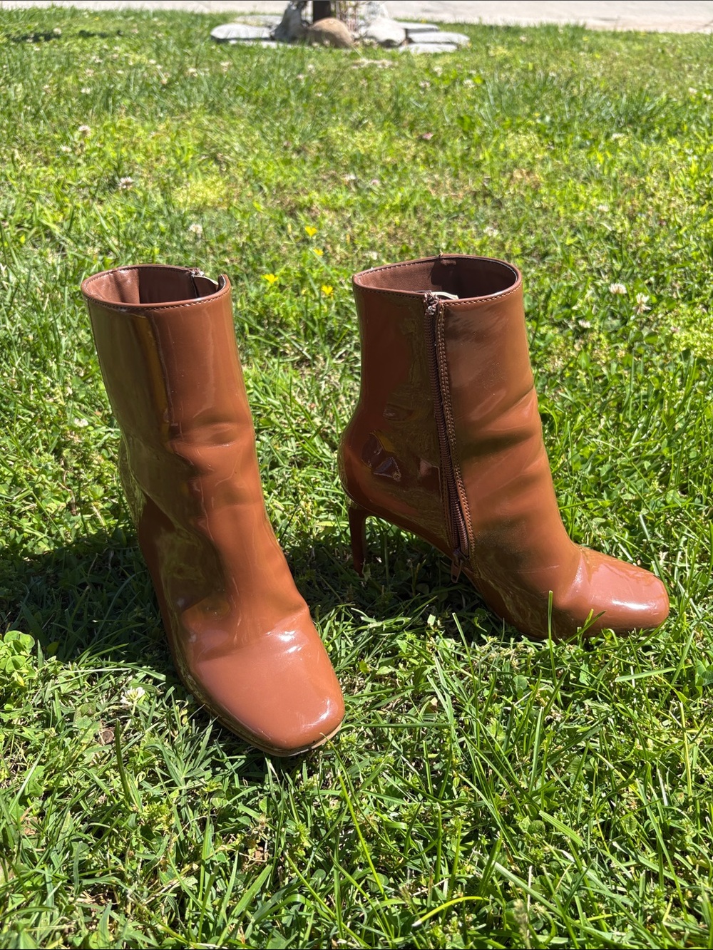 Ann Michell Patent Leather Ankle Boots in Brown